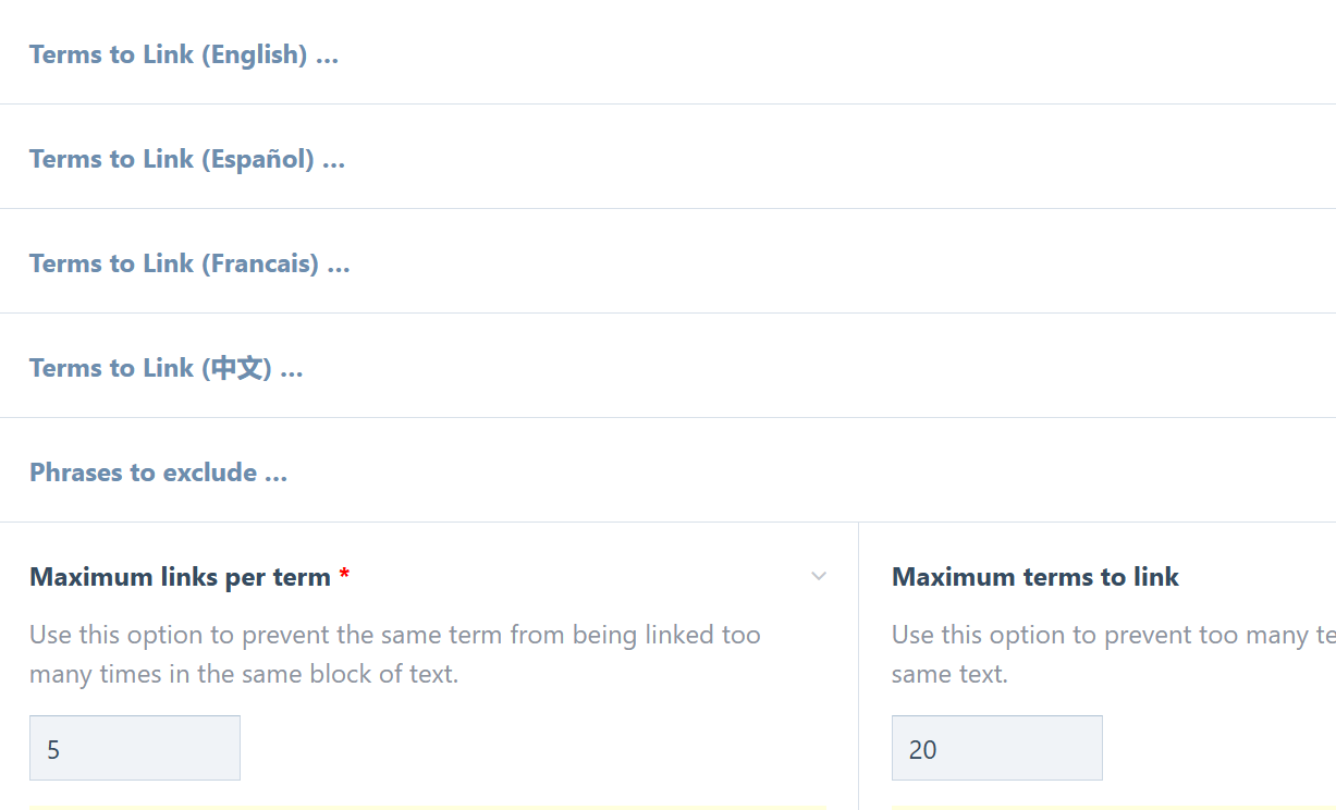 Interface de configuration d'Autolinks