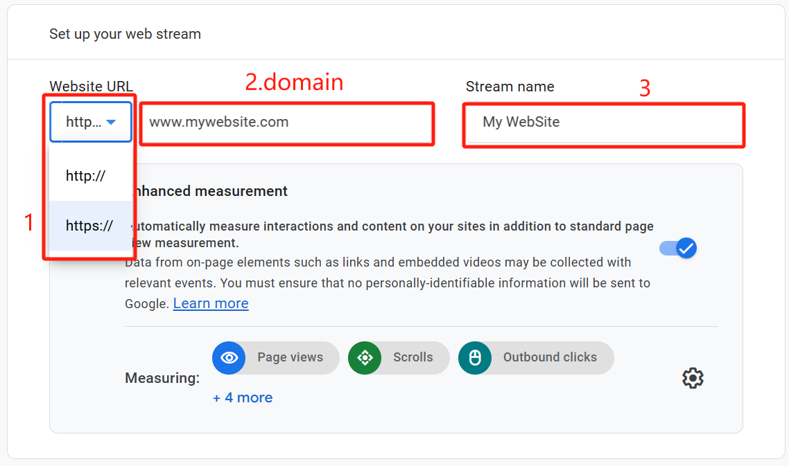 Set the HTTP protocol, domain name, and Stream name