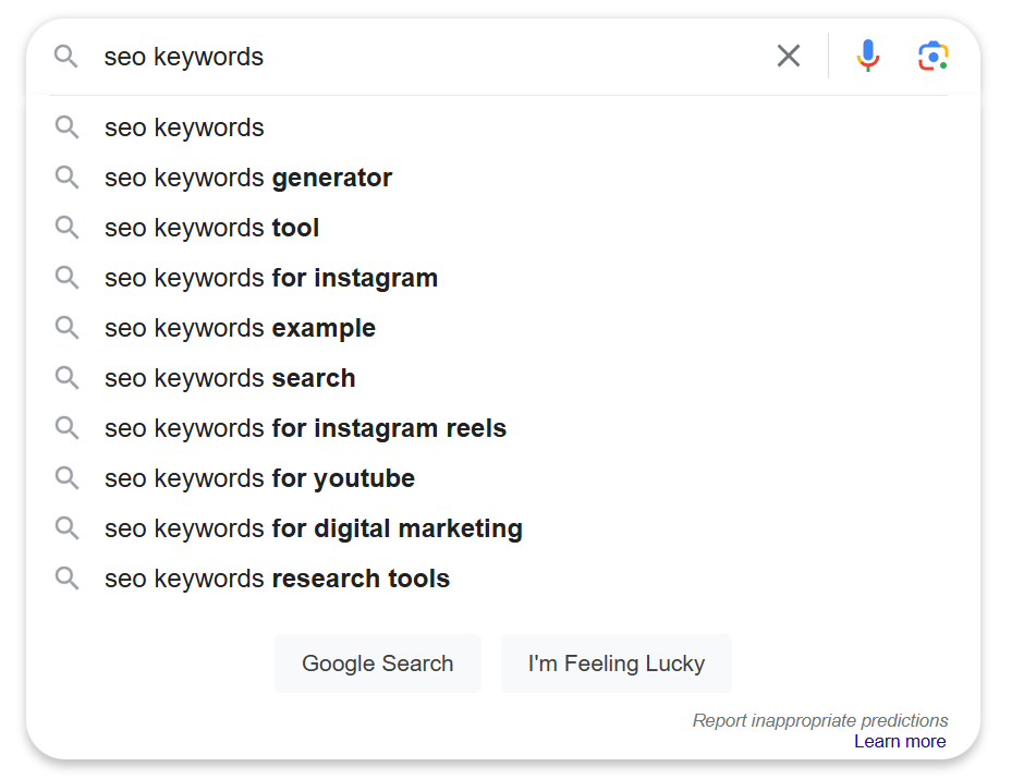 User search intentions in the search dropdown box