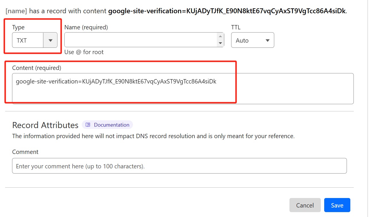 Configuring domain txt record