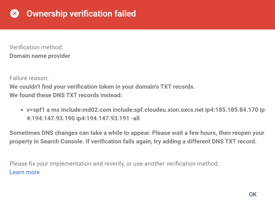 txt record verification failed