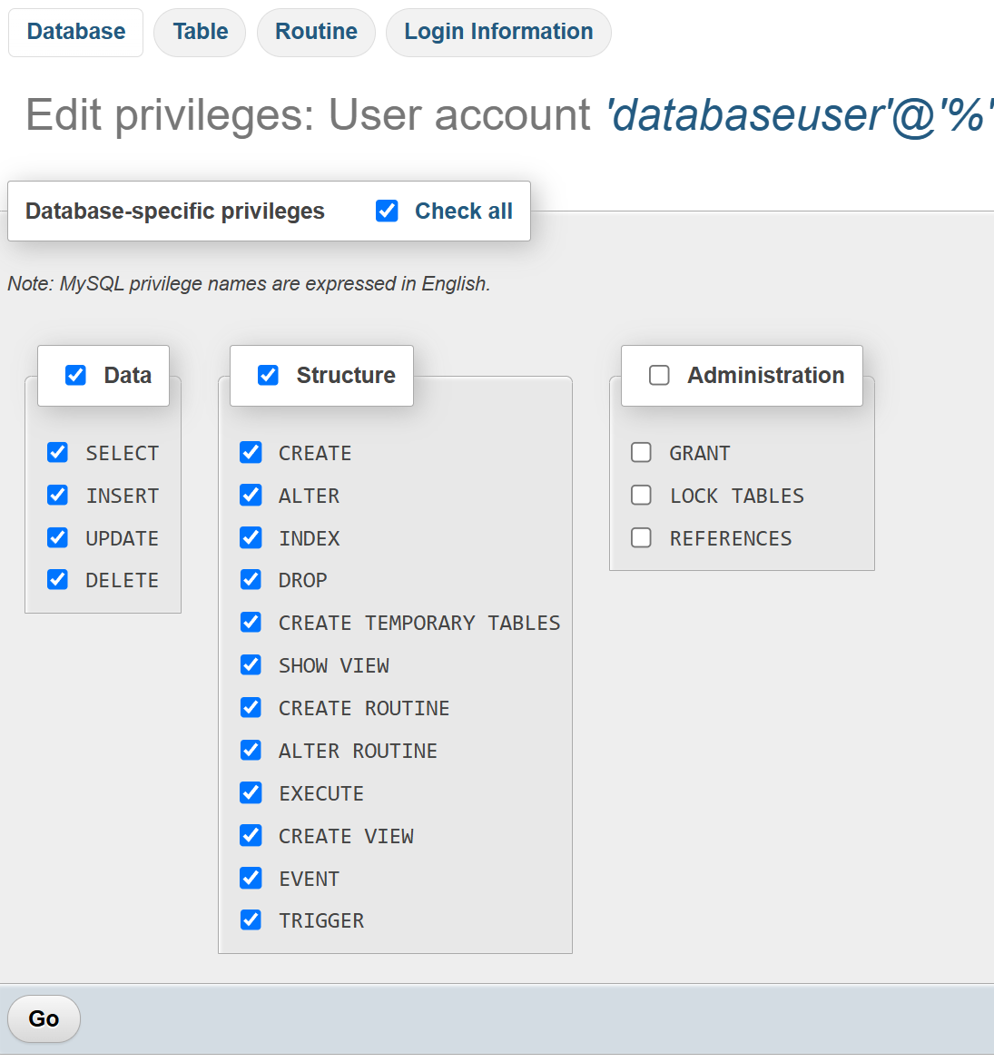 Set database permissions