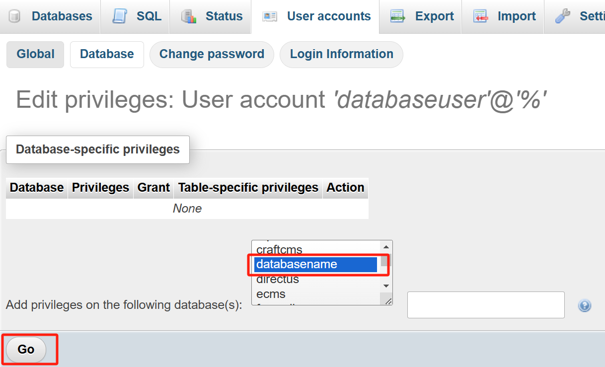 Assign database permissions to user