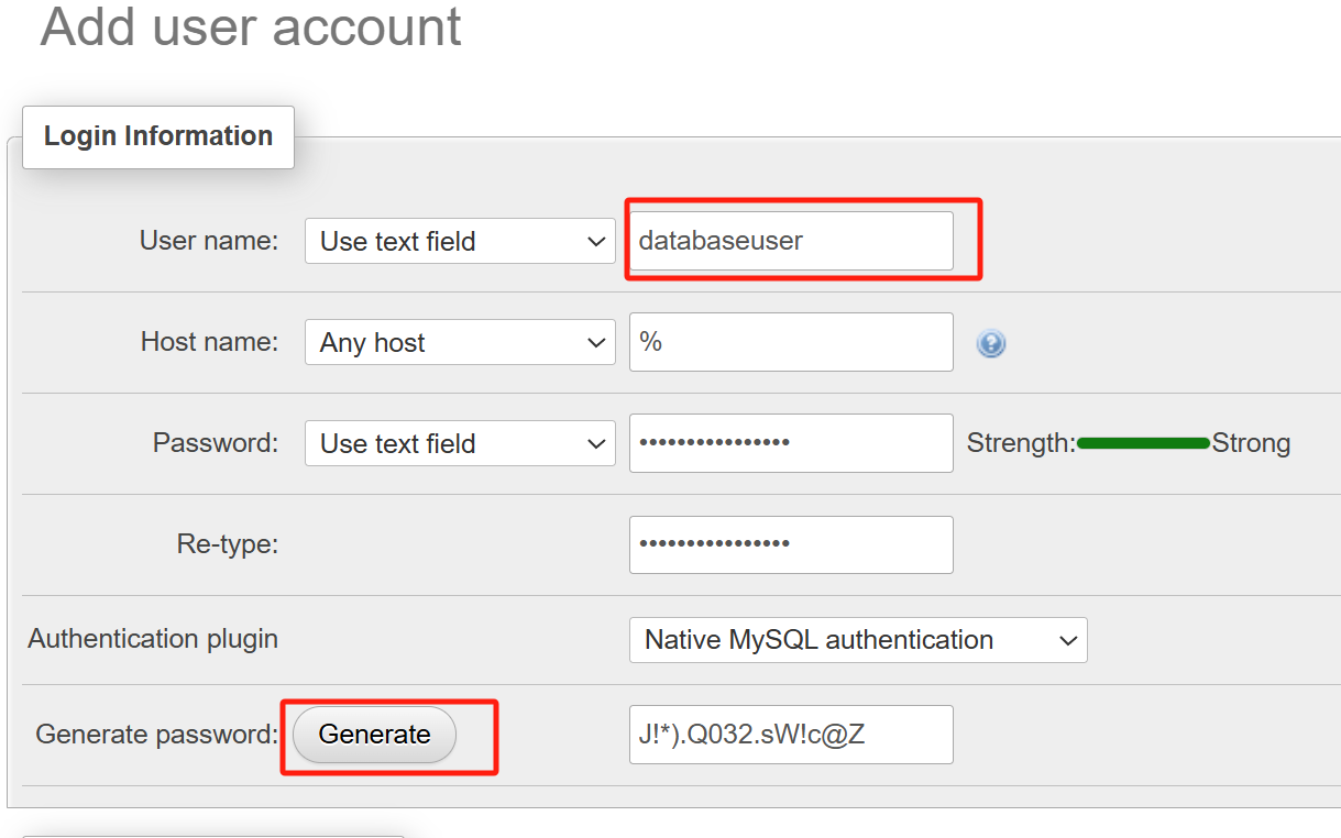 Create database account using phpMyAdmin